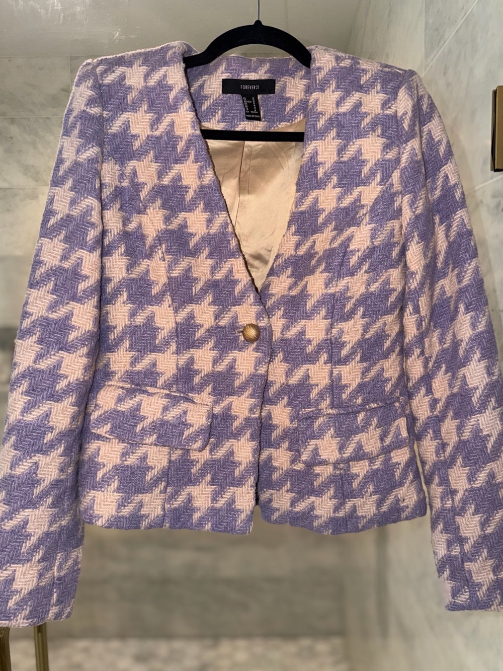 Chic Lavender & Light Pink Houndstooth Woven Tweed Blazer